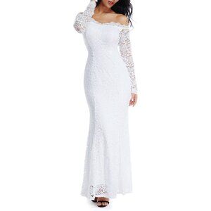 Women's Floral Lace Long Sleeve Off Shoulder Wedding Mermaid Dress White 1